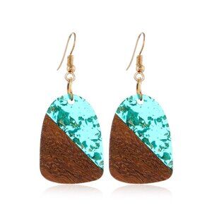 Minimalist Lightweight Turquoise Resin and Wood Geometric Drop Earrings